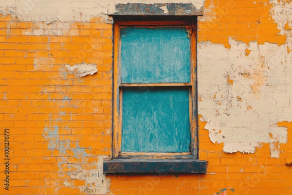 Fototapeta A vibrant orange brick wall with peeling paint, with a blue wood-framed window, highlights urban decay and the passage of time in a vintage setting.
