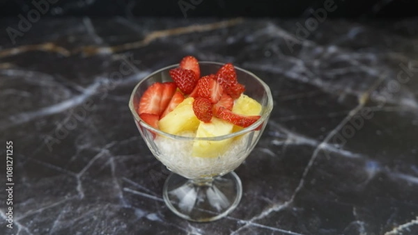 Fototapeta Dessert of tapioca balls with pineapple and mango in an ice cream cup