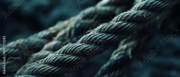 Fototapeta Detailed view of a thick, twisted rope, set against a dark, blurred background, emphasizing its fibrous texture.