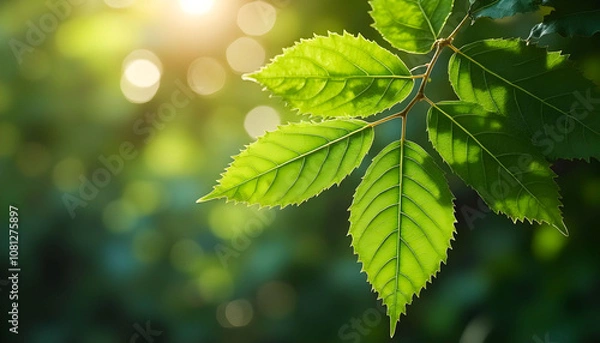 Fototapeta Close-up of beautiful green leaves with a forest background, capturing the natural beauty and serenity of the scene.