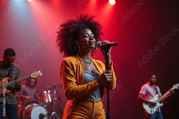 Fototapeta woman sings passionately, wearing a sleeveless, form-fitting grey dress. She stands in the foreground, The background is dim, with the red stage lights creating a moody atmosphere.
