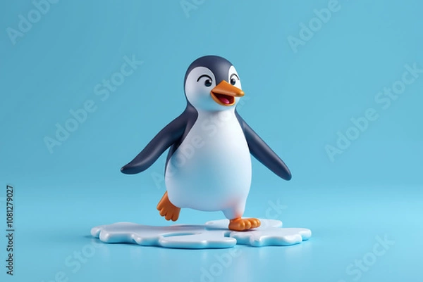 Fototapeta cute, 3d cartoon-style penguin. The penguin is depicted with a dark grey body, a white belly, and an orange beak and feet. standing on small floating island