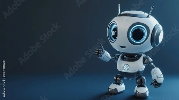 Fototapeta A friendly robot character with large expressive eyes giving a thumbs-up.