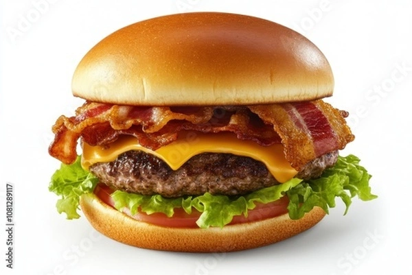 Fototapeta Classic Burger with Juicy Beef Patty, Melted Cheese, Crispy Bacon, and Fresh Lettuce on a Toasted Brioche Bun

