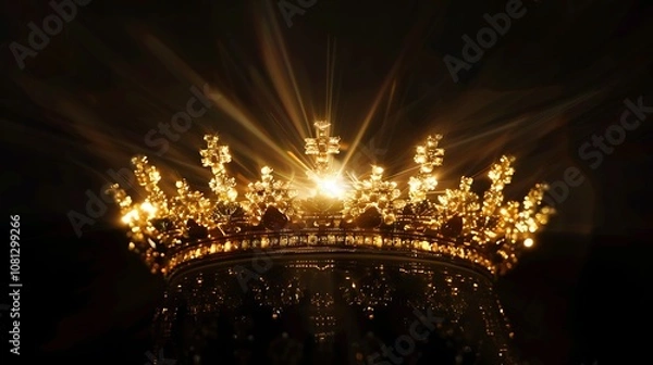 Fototapeta A beautifully illuminated golden crown, radiating light and elegance against a dark background.