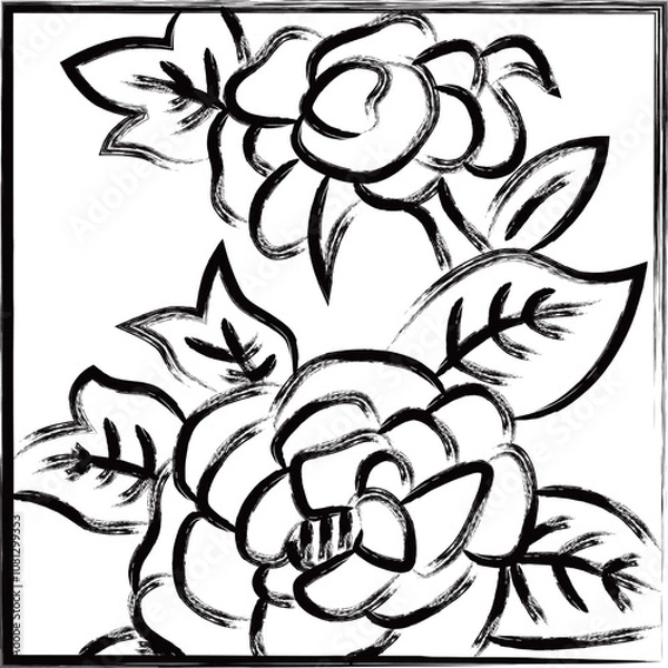 Obraz 筆書き正方形シンプル花札　水無月　牡丹　6月　牡丹のカス