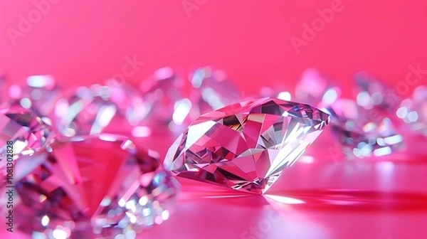 Fototapeta A collection of sparkling diamonds on a vibrant pink surface, showcasing their brilliance and clarity.