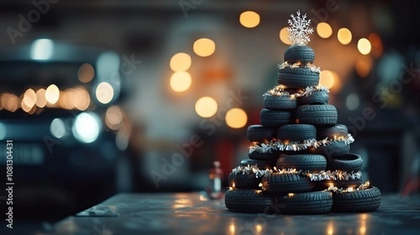 Obraz Creative christmas tire tree with snowflake topper and festive lights in cozy garage for a unique happy new year celebration concept
