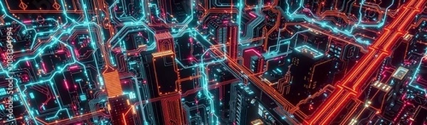 Obraz Neon Lit Retro-Futuristic Cityscape - Blue & Red Night Skyline