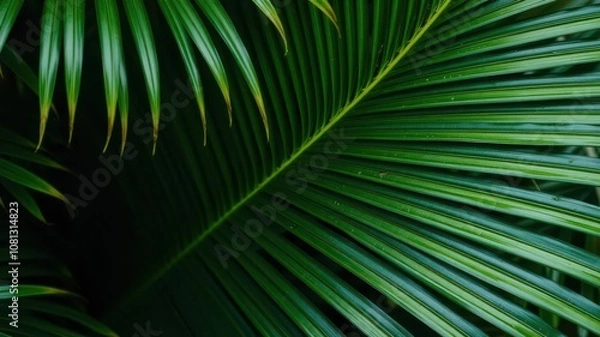 Fototapeta Close up detail of a vibrant green palm leaf texture, showcasing its natural and tropical beauty, nature, close up, lush