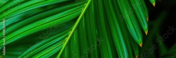Fototapeta Close up of a vibrant green palm leaf texture, showcasing intricate veins and patterns, close up, botany, detail