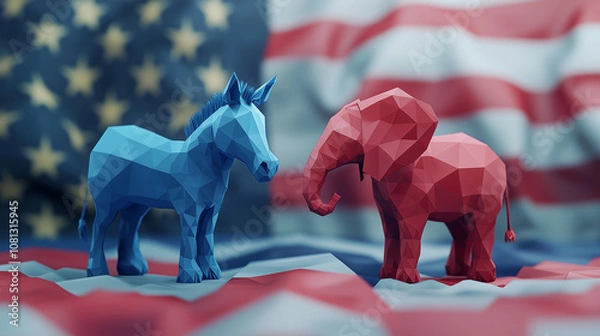 Obraz Low-Poly Democratic Donkey and Republican Elephant with American Flag