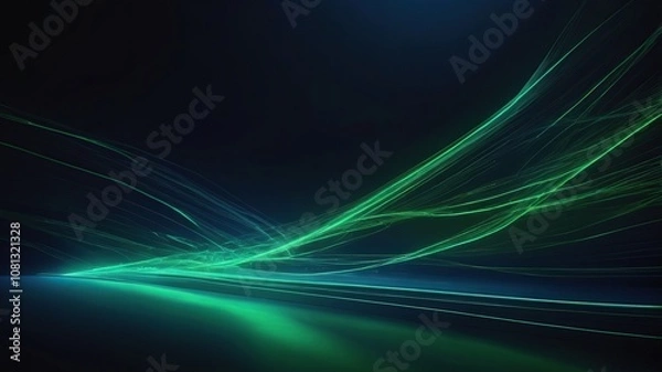 Fototapeta Dynamic green abstract light lines against a dark blue background, creating a mesmerizing and futuristic visual effect
