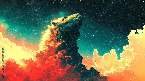 Fototapeta A wolf made of clouds looks up at the starry night sky.
