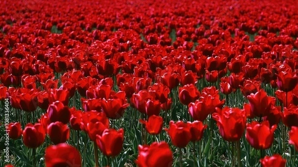 Fototapeta Vibrant Red Tulip Field in Blooming Spring Landscape