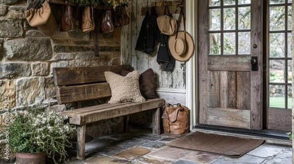 Fototapeta Cozy Entrance with Rustic Bench and Decorative Items
