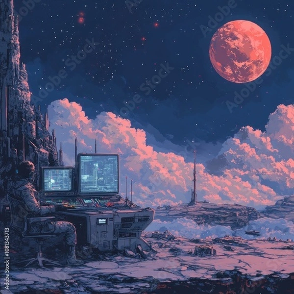 Fototapeta An astronaut sits in a futuristic control room, monitoring screens with a view of a red moon, a distant cityscape, and a tower in a surreal, alien landscape.