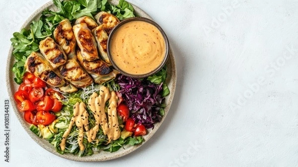 Obraz Fresh Asian-Inspired Salad with Grilled Dumplings, Colorful Vegetables, and Nutty Sauce, Perfect for Healthy Eating and Culinary Inspiration