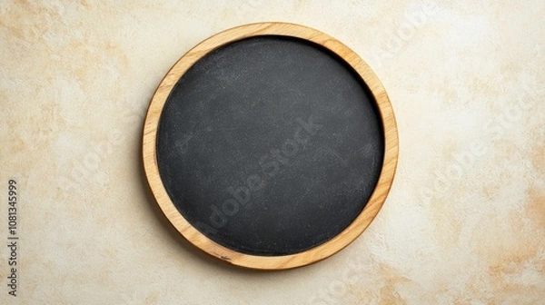 Fototapeta Circular wooden tray with blank black chalkboard surface, perfect for displaying messages or serving food, placed on textured beige background for versatile use in food styling and decor