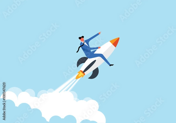 Fototapeta Businessman flying up with a rocket launcher, new bussines ideas new start up company, new project going up.