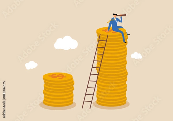 Fototapeta Financial growing, investment growth, interest rate rising up or economic forecast prediction, businessman up on money stack using telescope looking to the future