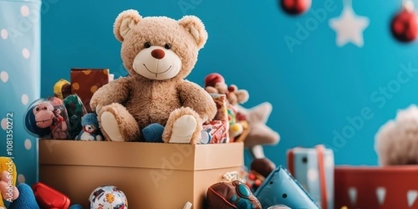 Fototapeta Charitable donation drive featuring overflowing toy box community center photography vibrant environment close-up view generosity concept