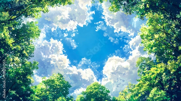 Fototapeta Blue sky with clouds peaking through a forest canopy.