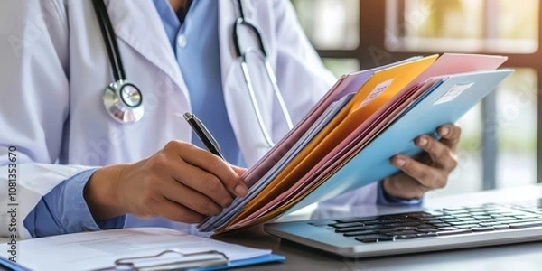 Obraz Healthcare worker organizing patient files into color-coded folders medical office action shot indoor setting close-up view efficient documentation