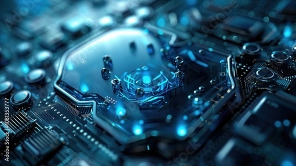 Fototapeta A close-up shot of a futuristic, glowing, blue circuit board with a central processor.