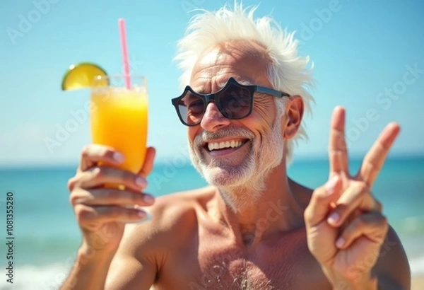 Fototapeta Cheerful elderly man having drink on beach while making peace sign and enjoying his retirement