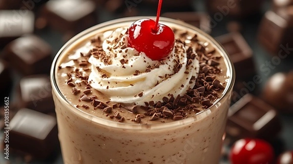 Fototapeta Close-up of a chocolate milkshake topped with whipped cream, chocolate shavings, and a cherry.