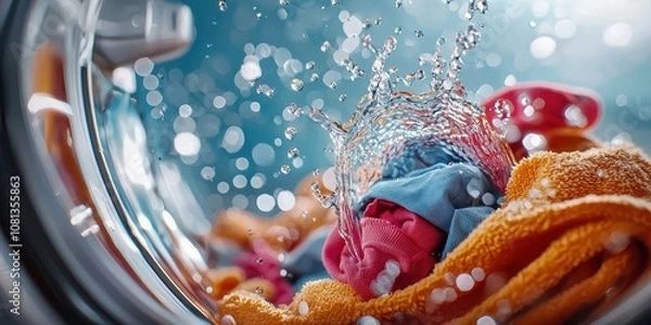 Fototapeta Washing clothes action laundry room close-up image water droplets environment dynamic viewpoint freshness concept