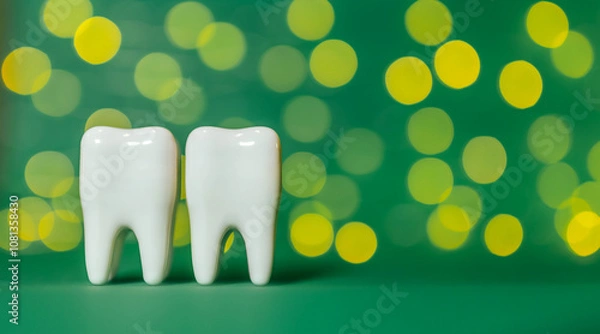 Fototapeta Two models of white plastic teeth standing on a christmas blurred background. Dentistry. Dental care. New Year, Christmas, St. Nicholas Day. Space for text. Banner.