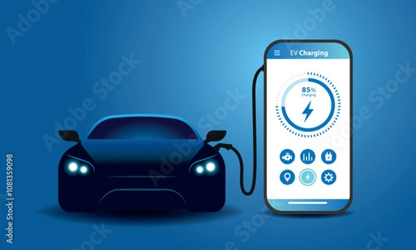 Fototapeta Electric car Smart app. EV charger station application on mobile phone. Eps 10 file