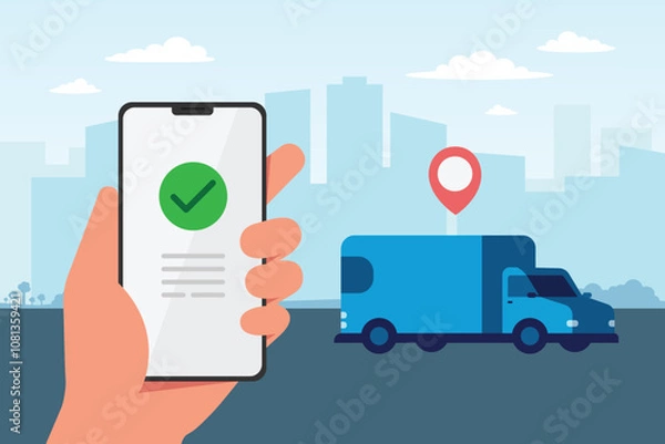 Fototapeta Delivery service concept, hand holding phone with tracking courier's location. Flat style vector illustration.