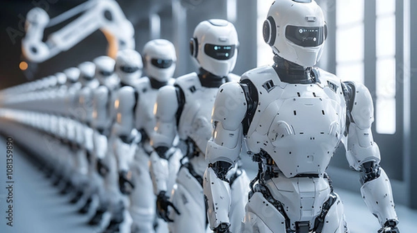 Fototapeta A line of white humanoid robots standing in a factory, ready for work, demonstrating the potential of automation in modern manufacturing.