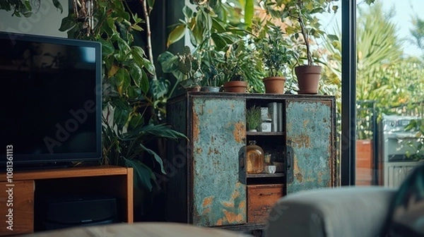 Fototapeta Vintage Cabinet Surrounded by Lush Greenery