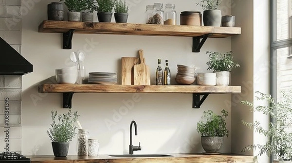 Fototapeta Modern Kitchen Shelves with Plants and Tableware