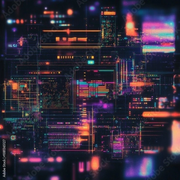 Fototapeta Futuristic neon cyberpunk grid with digital data visualization abstract