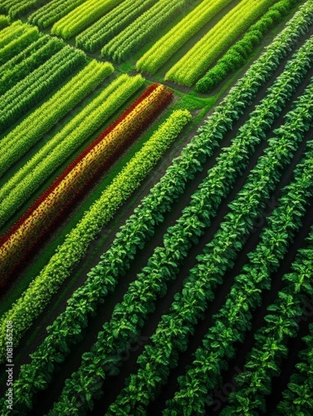 Fototapeta Aerial view of rows of green and red crops.