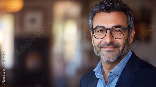 Fototapeta Portrait of a Smiling Man Wearing Glasses in a Blurred Background