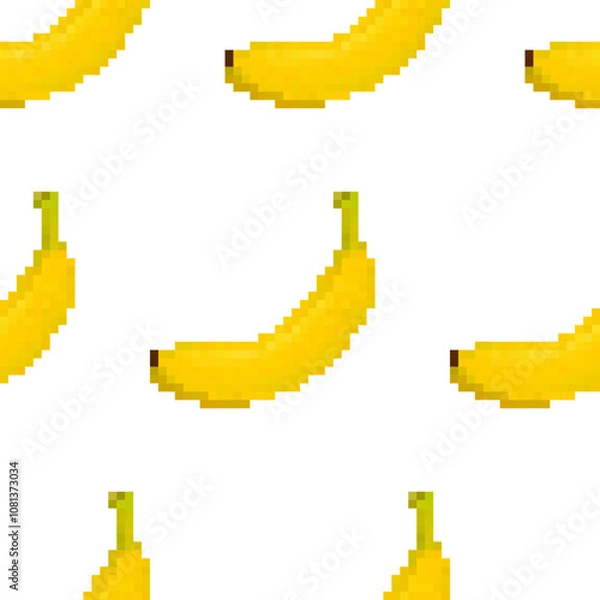 Fototapeta Pixel bananas seamless pattern on a white background. Pixel art. Funny bright bananas in retro 8 bit video game style for a wallpaper, wrapping paper, textile prints