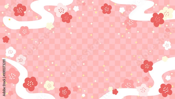 Obraz へびと梅のフレーム素材(背景ピンク市松模様)