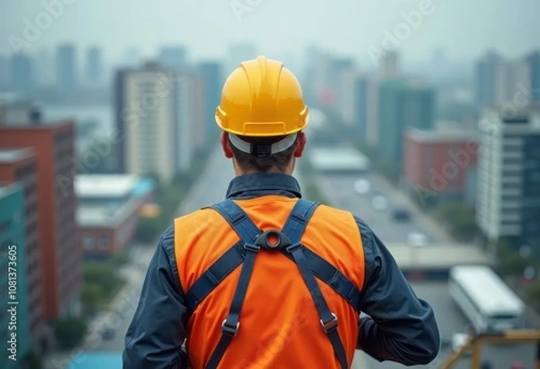 Fototapeta Male worker with safety equipment in high-risk work at high altitude