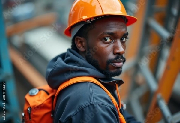 Fototapeta Black male worker with safety equipment in high-risk work at high altitude