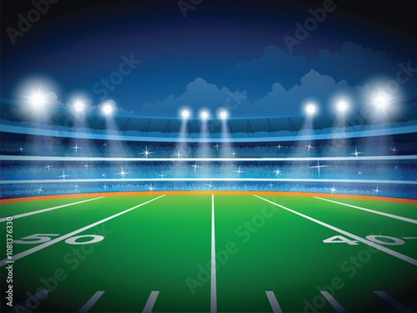 Fototapeta American football stadium with spot lights and the fans waiting for the game to start. Eps file