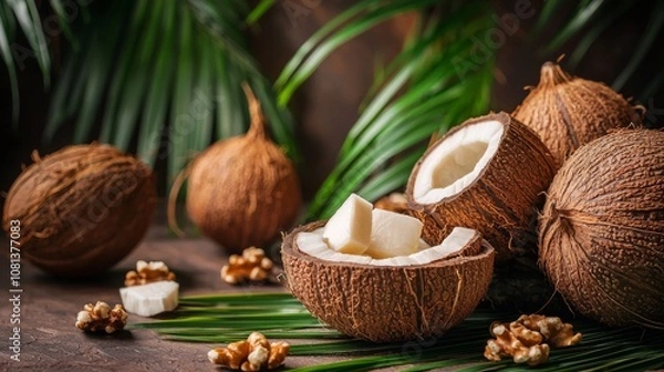 Fototapeta Fresh Coconuts and Slices on Rustic Background