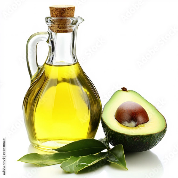 Obraz A glass bottle of olive oil next to a halved avocado, showcasing the fruit's creamy texture and vibrant green color.
