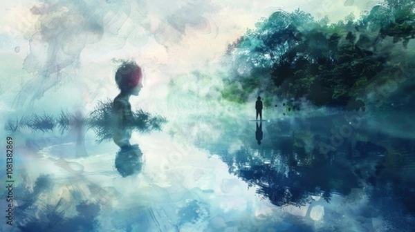 Fototapeta A person gazes into a pond their reflection appearing to transform into a creature from another world blurring the lines between reality and fantasy.