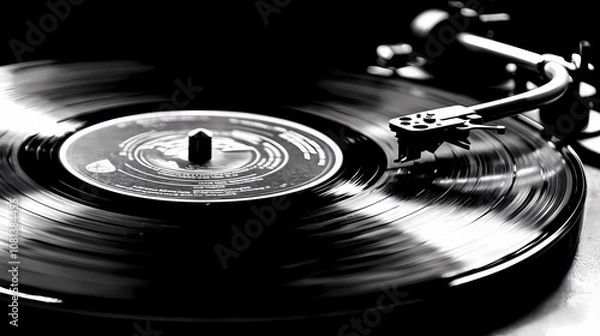 Fototapeta A Captivating Close-Up of a Spinning Vinyl Record, Emanating Nostalgia and Music's Timelessness in a Charmed Atmosphere